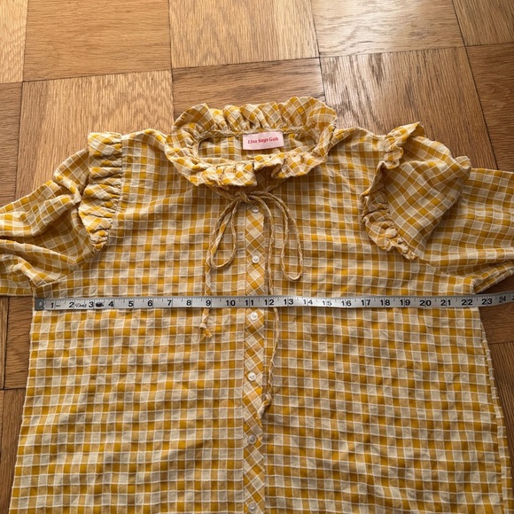 Lisa Says Gah! Yellow Blouse Ruffle Collar Button Down Checkered - Picture 5 of 7